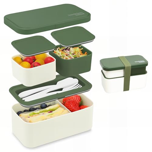 Bugucat Bento Lunch Box 1450ML, 2 in 1 Stackable Lunchbox for Adult Kids with Cutlery, Leak-Proof Snack Boxes with Compartments for School Office Camping, Microwave & Dishwasher Safe, Green