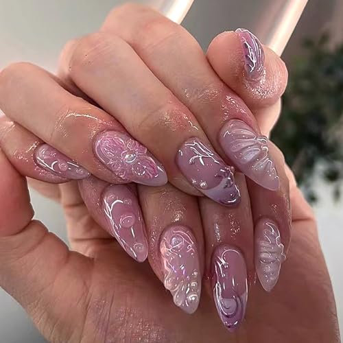 Ceboic 3D Handgefertigte Press on Nails, Französische Pink Nägel Zum Aufkleben mit Charms, Mittel Mandel Kunstnägel Blumen Perl Acrylnägel, Niedliche Künstliche Nägel für Frauen Mädchen, 24 Stück