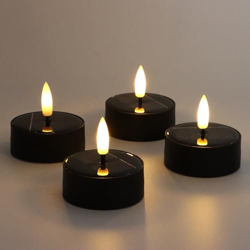 FREEPOWER 4er Set Solar Teelichter für Außen Wasserdicht, Flackern Warmweiß Flammenlose LED Kerzen Kunststoff, Dusk to Dawn, Ø 5.8 x 5.8cm