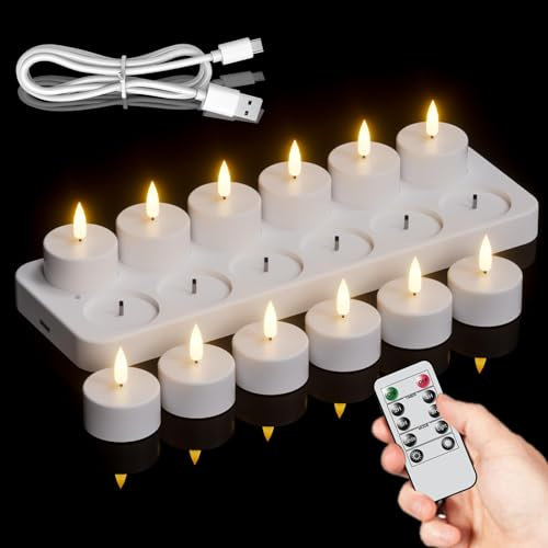 Zoelele Aufladbare Teelichter mit Timerfunction Ladestation, 12er LED Flammenlose Flackernde kerzen Teelich mit Fernbedienung für Hochzeiten, Weihnachten, Halloween, Party Deko