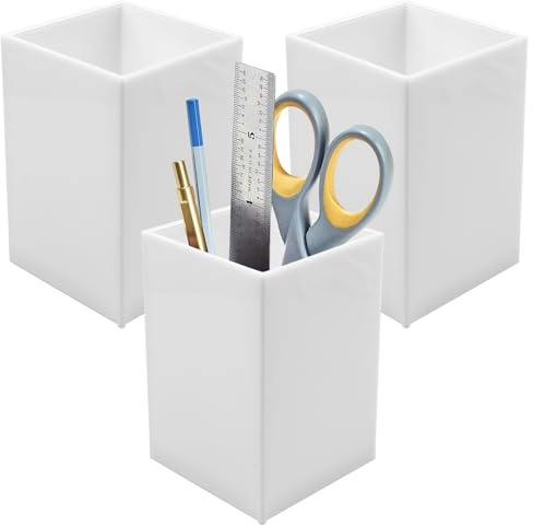 Lot de 3 pots à crayons carrés en acrylique - Blanc - 6,5 x 6,5 x 10 cm