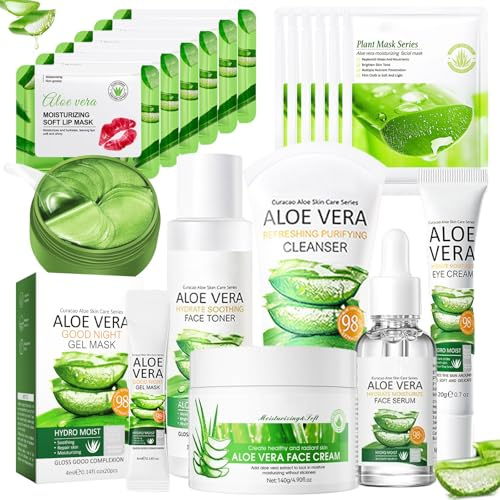Honicemar 19PCS Aloe Vera Hautpflegeset Feuchtigkeitsset Hautpflegesets für Frauen und Teenager, mit Reiniger Toner Serum Augencreme Gesichtscreme Augenmaske Lippenmaske Gesichtsmaske Jelly Gel Mask