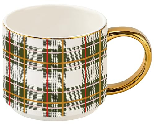 Sweet Water Decor Green Plaid Coffee Mug, 14oz China Christmas Mug with Gold Handle, Large Holiday Winter Cup for Coffee, Tea & Hot Chocolate, Stocking Stuffer Gifts for Women
