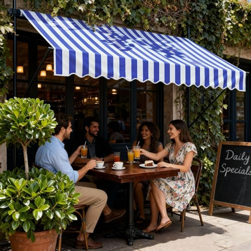 UISEBRT Tenda da sole per balcone, larghezza 250 cm, con manovella, regolabile in altezza, senza fori, protezione UV, protezione solare, resistente alle intemperie (250 x 120 cm, blu e bianco)