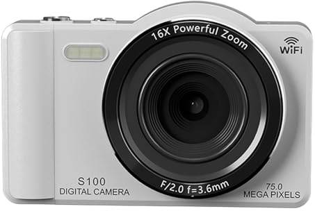 XUMIUZIY 4K Digitalkamera, 75 MP Autofokus WLAN Videokameras mit Doppelobjektiv, 2,8 Zoll Touchscreen, 16 facher Digitalzoom, Integrierter Blitz, Vlogging Kamera für Fotografie, Reisen (White)