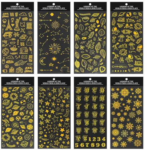 Classicseali 8 Blatts Buchstaben Sticker Golden, Aufkleber Scrapbooking Gold, Selbstklebende Goldsticker für Scrapbooking, Bullet Journaling, Kofferdekorationen, Dekopapier (Unzählige Muster)