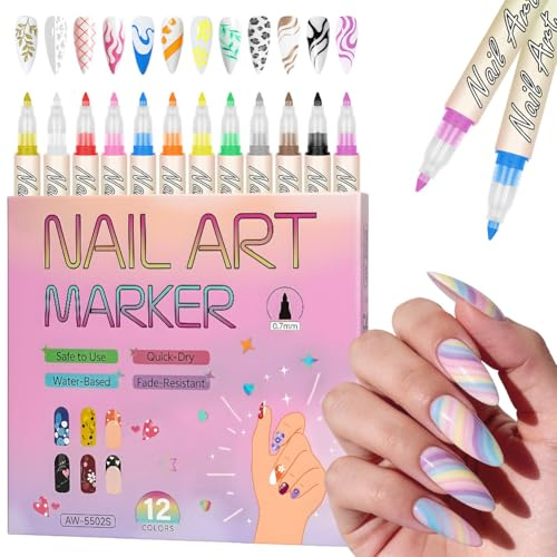 AOOWU 12 Colors Nail Art Pens Set, 0.7mm 3D Nail Art Pens Set, Nail Graffiti Drawing Pen, Nail Polish Pens, Nail Varnish Pen, DIY Quick Dry Nail Art Pens, Fine Tip Manicure Tools for Women Girls