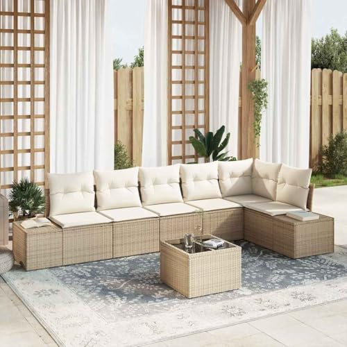 LoogCape Ensemble de canapés de jardin modulaires en rotin synthétique beige et crème avec compartiments de rangement pour terrasse, balcon et piscine, 6 places