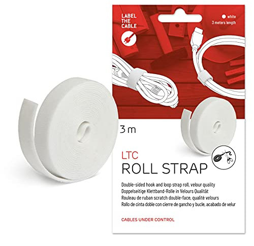 LABEL THE CABLE® 3m Klettband beidseitig weiß, Klett Kabelbinder, doppelseitig, wiederverschließbar, Klettbinder für das Perfekte Kabelmanagement, auch als Pflanzenbinder - Velours-Qualität