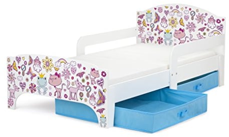 Leomark SMART Kleinkinderbett aus Holz - Pink Princess - Kinderbett mit Schubladen für Bettwäsche, Einzelbett mit Matratze, Stauraum, Rausfallschutz Lattenrost, Liegefläche 140 x 70 cm, UV-Druck