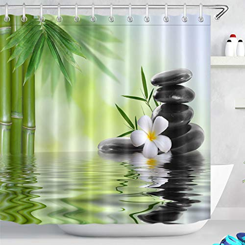 LB Zen Spa Duschvorhang 240X175cm Grüner Bambus,weiße Orchidee,schwarzer Stein Bad Vorhänge Extra Breit Polyester Wasserdicht Anti Schimmel Badezimmer Deko Heimzubehör mit Vorhanghaken