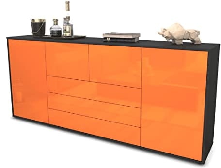 Stil.Zeit Sideboard Ole, Korpus anthrazit matt, Front Hochglanz Mandarine (180x79x35cm) Push-to-Open Technik & Leichtlaufschienen