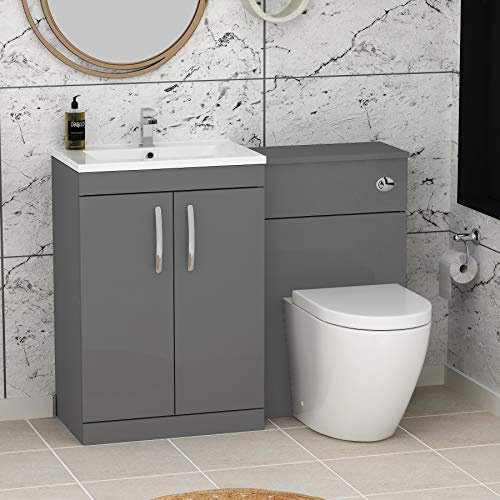 1300mm Modern Indigo Grey Gloss Bathroom 2 Doors Minimalist Vanity Unit Basin Sink & Elva Pan + Toilet Furniture Set