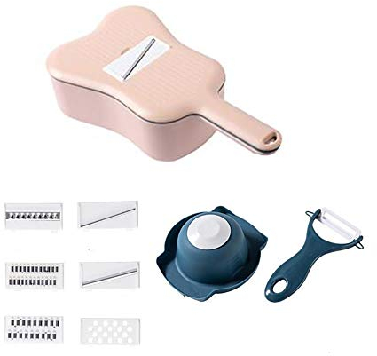 Chiatai Mandoline trancheuse pour fruits et légumes avec râpe à julienne et éplucheur avec protection pour les mains, panier de vidange Rose