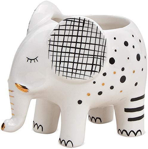 matches21 Blumentopf Elefant mit Punkten Pflanzgefäß Übertopf schwarz weiß Gold Dekor modern Keramik 12x10x9 cm