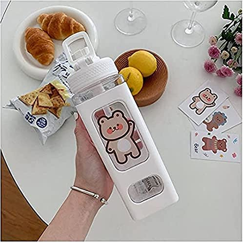 Botella de agua Kawaii con pajita y pegatina Kawaii, botella de agua cuadrada portátil de plástico deportivo grande Kawaii para niños, niñas, útiles escolares, tazas de agua de té de jugo lindo