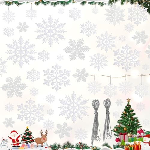 truee 30 Stück Weiß Schneeflocken Deko, Schneeflocke Deko Weihnachtsbaumschmuck, Schneeflocken zum Aufhängen, Glitter Schneeflocken, zum Dekorieren von Weihnachtsbäumen und Fenster, mit Schnur(7,5cm)
