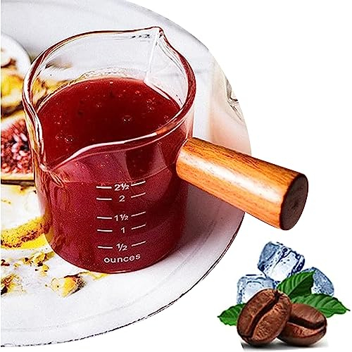 SYXLS Vaso de Medición de Doble Boquilla con Mango de Madera, Vaso Medidor Espresso, Vaso de Cristal con Doble Boquilla Para Café con Escala Resistente a la Temperatura, con Mango de Vertido