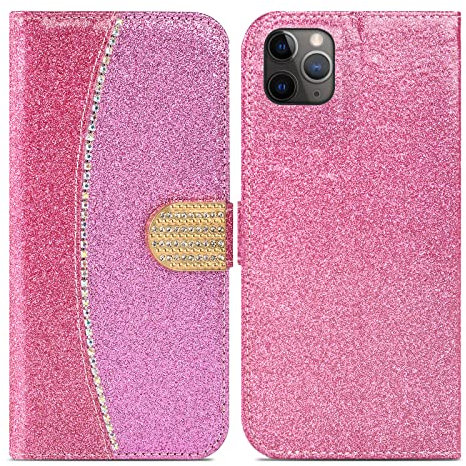 ProGadgetsLtd Case For iPhone 11 Pro Max Case For Women Girls Bling Glitter Leather With Card Holder & Stand Wallet Shockproof Phone Cover (Hot Pink)