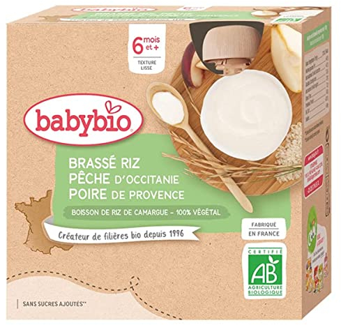 Babybio Gourde Brassé Riz Pêche Poire Bio, 4 x 85g