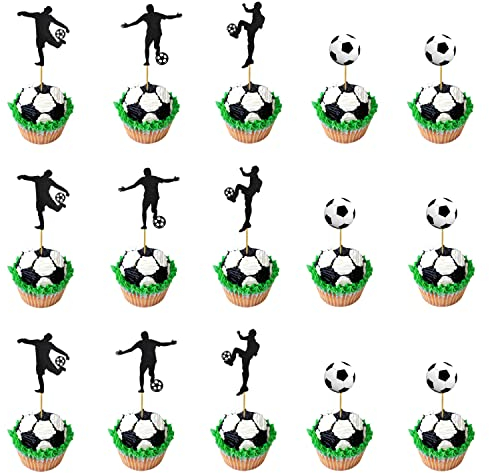 48 Stück Fussball Cupcake Topper Fussball Muffin Deko Fussball Party Tortenaufleger für Babyparty Geburtstagsfeie Kuchendekoration