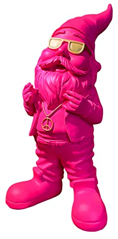 SEWAS Gartenzwerg, Rocker mit Peace Kette, Pink Gold Edition, Neon Pink, handbemalt und wetterfest aus hochwertigem Kunstharz, Dekofigur