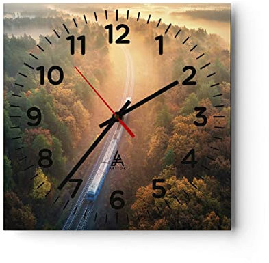 Modern Wanduhr Bahn Herbst So 40x40cm Quadrat Groß Wand Uhr Glas Analog Zimmeruhren Küche Büro Wohnzimmer Glasuhr Wall Clock Dekoration Design Wanddekoration Küchenuhr C4AC40x40-4632