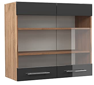 Vicco Küchenglasschrank Fame-Line, Anthrazit Hochglanz/Goldkraft Eiche, 80 cm