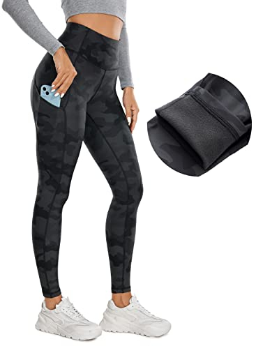 CRZ YOGA Damen Thermo Leggings mit Taschen Winter High Waist Fleece Sportleggins Yoga Leggins Warm Thermal Sporthose - 71cm Dunkelgraue Tarnung 40