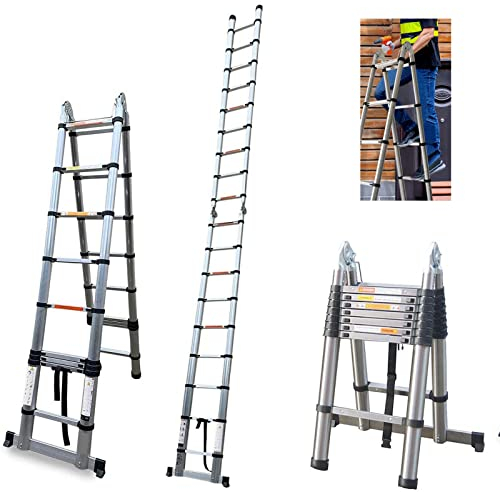 5M Teleskopleiter Ausziehleiter Klapp Ausziehbar Stehleiter Mehrzweck Edelstah, 16,5ft Einziehbare Faltbare Edelstahl Leiter EN131 Safe Standard 330 LB Tragfähigkeit (2,5m + 2,5m)