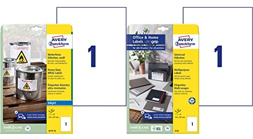 AVERY Zweckform J4775-10 Wetterfeste Folienetiketten Inkjet, 10 Blatt, weiß & 6125 Universal Etiketten (10 Klebeetiketten, 210x297 mm auf A4, bedruckbare Adressaufkleber) 10 Blatt, weiß