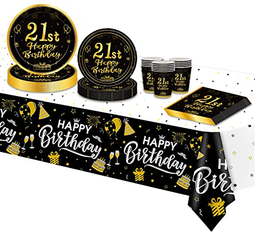 Topways Black Gold 21st Birthday Decorations Party Tableware Set, Disposable Paper Party Plates Cups Napkins Tablecloth for Girls Boys 21 Birthday Party Decorations Table Supplies (16 Guests)