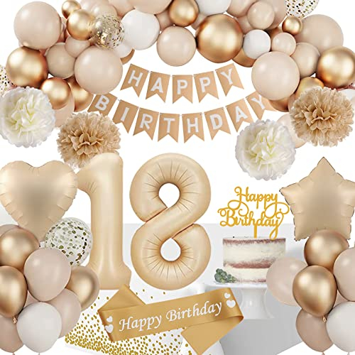18 Geburtstag Deko, Deko 18 Geburtstags Mädchen, 18 Geburtstagdeko Beige Gold Ballon Deko mit Happy Birthday Girlande Tischdecke Geburtstagsschärpe Pompons für Party Deko 18 Geburtstag Mädchen