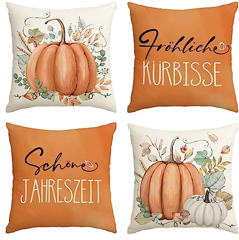 Artoid Mode Eukalyptus Blätter Fröhliche Kürbisse Herbst Kissenbezüge 4er Set, 45x45 cm Schöne Jahreszeit Zierkissenbezug Couch Wohnzimmer Deko