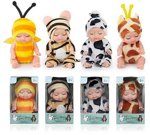 Fiotha Babypuppe, 4 Stück Mini-Babypuppe, Newborn Reborn Baby, Baby Mini Puppen, Waschbares PVC-Material, Realistische Babypuppe, Weicher Körper, Puppenspielzeug für Mädchen, Kleinkinder und Kinder