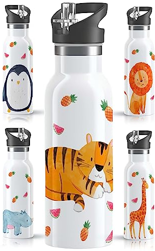 OWLBOOK® Edelstahl Trinkflasche Kinder | Wasserflasche mit Strohhalm | 600 ml | Sportdeckel | Spülmaschinenfest | Schule Sport | Schulanfang Geschenke zur Einschulung Junge Mädchen| Tiger