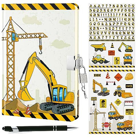 WERNNSAI Truck Notebook Set - Luminous Journal Gift for Boys Kids School Travel Private Diary Hardcover A5 Lined Memos Writing Drawing Notepad Ballpoint Pen Stickers with Lock Keys