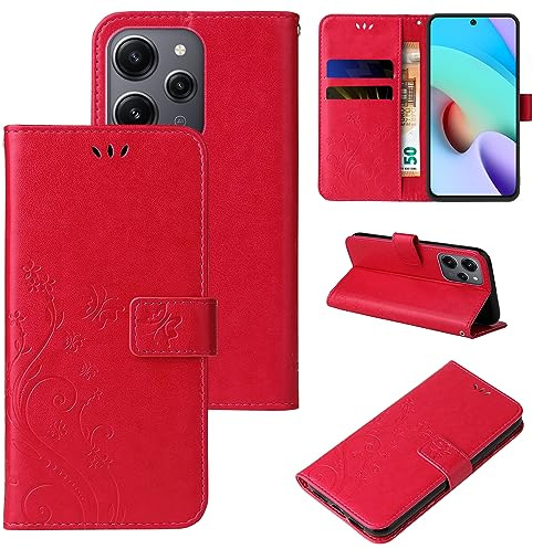 LBH Handy Hülle für Xiaomi Redmi 12 Case Handytasche Schmetterling Blumen Flower Standfunktion Schutzhülle Magnet Rundum Schutz 360 Grad Flipcase Cover Rot