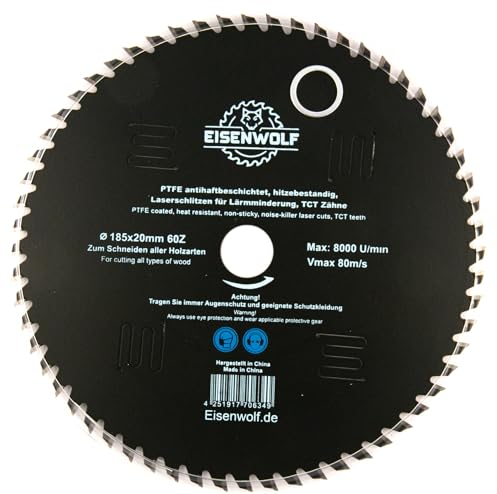 Eisenwolf Lame de scie circulaire 185 x 20 mm pour bois avec 60 dents TCT inclinées, revêtement antiadhésif PTFE et découpe laser pour réduire le bruit