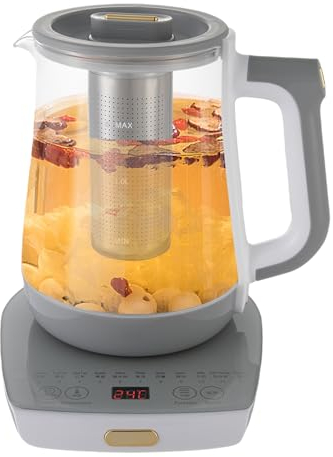 Elektrisch Wasserkocher mit Temperatureinstellung 40-90°C, 1.8L Glas Teekocher Multifunktionaler Elektrischer Teezubereiter mit Teesieb 800W