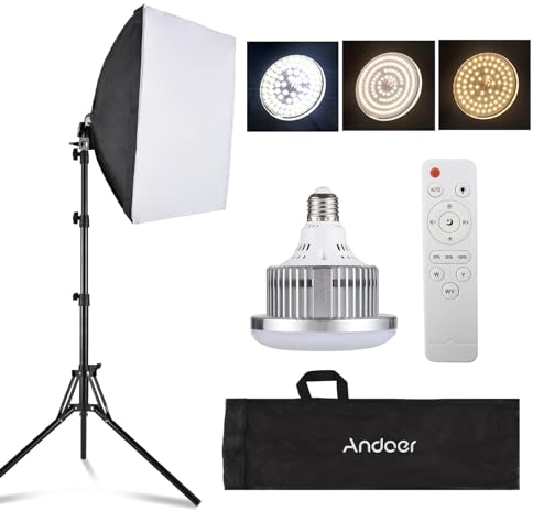 Andoer Kit di Illuminazione Softbox per Fotografia in Studio, Inclusa Luce LED Bicolore da 85 W + Softbox 40x40 cm + Supporto Luce da 1,7 m + Telecomando + 1 * Custodia per Trasporto
