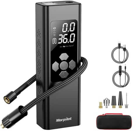 Morpilot Elektrische Luftpumpe, 9000mAh Akku Luftpumpe Kompressor, Fahrradpumpe Elektrisch mit Digitalanzeige und Notbeleuchtung, Pumpe für Auto, Motorrad, Fahrräder, Bälle