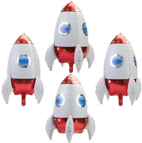 4 Stück Rakete Helium Ballon, 4D 23Inch Weltraum Astronaut Folienballon, Weltraum Geburtstag Deko Luftballons, Kindergeburtstag Deko Junge, Science Fiction Ballon Für Weltraum Deko(Rot)
