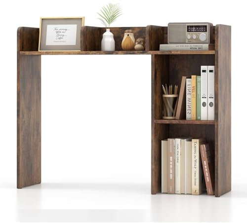 SFAREST Desktop Bookshelf, Wooden Countertop Bookcase with 4 Shelves, Open Compartment & 2 Anti-Tipping Kits, Home Office Desk Storage Organizer Display Shelf Rack (Rustic Brown)