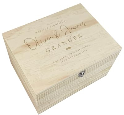 Boîte à souvenirs de mariage en bois personnalisable | Cadeau de mariage personnalisé | Texte personnalisé pour un message, un lieu, un nom, un nom et une date | Cadeau de mariage parfait | 26 x 19 x