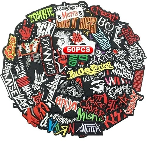 Morale Patch, 50 Pcs Mixed Patches Band Rock Music Badges Punk Embroidery Skull Patches for Jacket Jeans Backpacks Hat Assorted Style Badges Clothes Stickers DIY Applique Stripe (A)