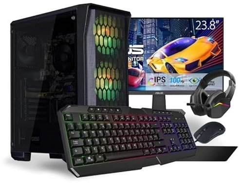 AlphaSync Prebuilt Gaming PC Bundle - AMD Ryzen 5 5600G, 8GB DDR4 RAM, 500GB SSD, Integrated Radeon Graphics, Windows 11 Home - CiT Raptor Keyboard, Mouse, Headset, Mouse Pad & ASUS 24-inch Monitor