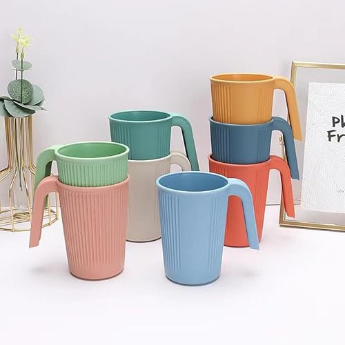 Set of 8 Drinking Cups 350 ml Cup with Handle Shatterproof Reusable Drinking Cups for Children and Adults Colourful Plastic Cups for Coffee Tea BPA-Free
