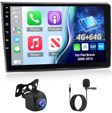 Android 4G+64G Radio de Coche para FIAT Bravo 2008-2013 con Wireless Carplay & Android Auto, Pantalla Táctil IPS de 9 Pulgadas con GPS, WiFi, 32EQ, Bluetooth 5.0, Radio FM/RDS, SWC, Cámara Trasera