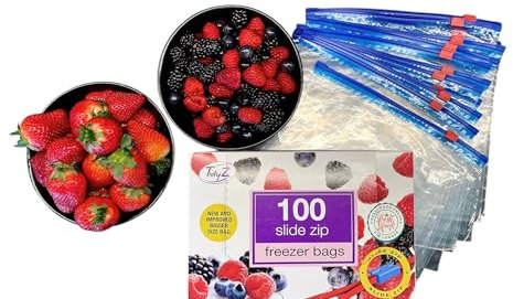 TidyZ 100 Slide Zip Lock Bags, Food Storage Freezer Bags, BPA Free Zip Seal Freezer bags for Fruit, Vegetables, Meat & Snacks - Reusable. In a dispenser Box. Large 23x23cm